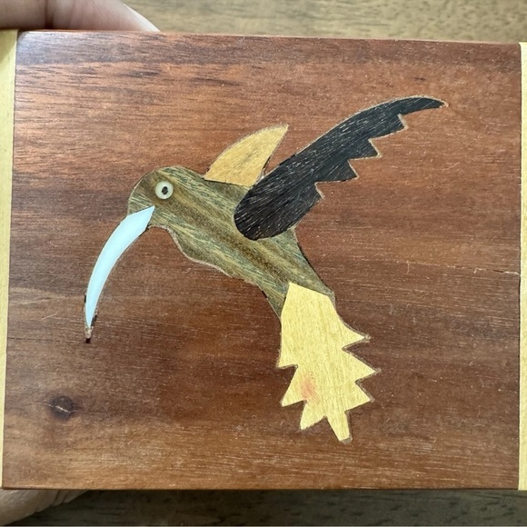 Vintage Handmade Wooden Jewelry Box With Inlay Hummingbird Trinket Box - Picture 2 of 9